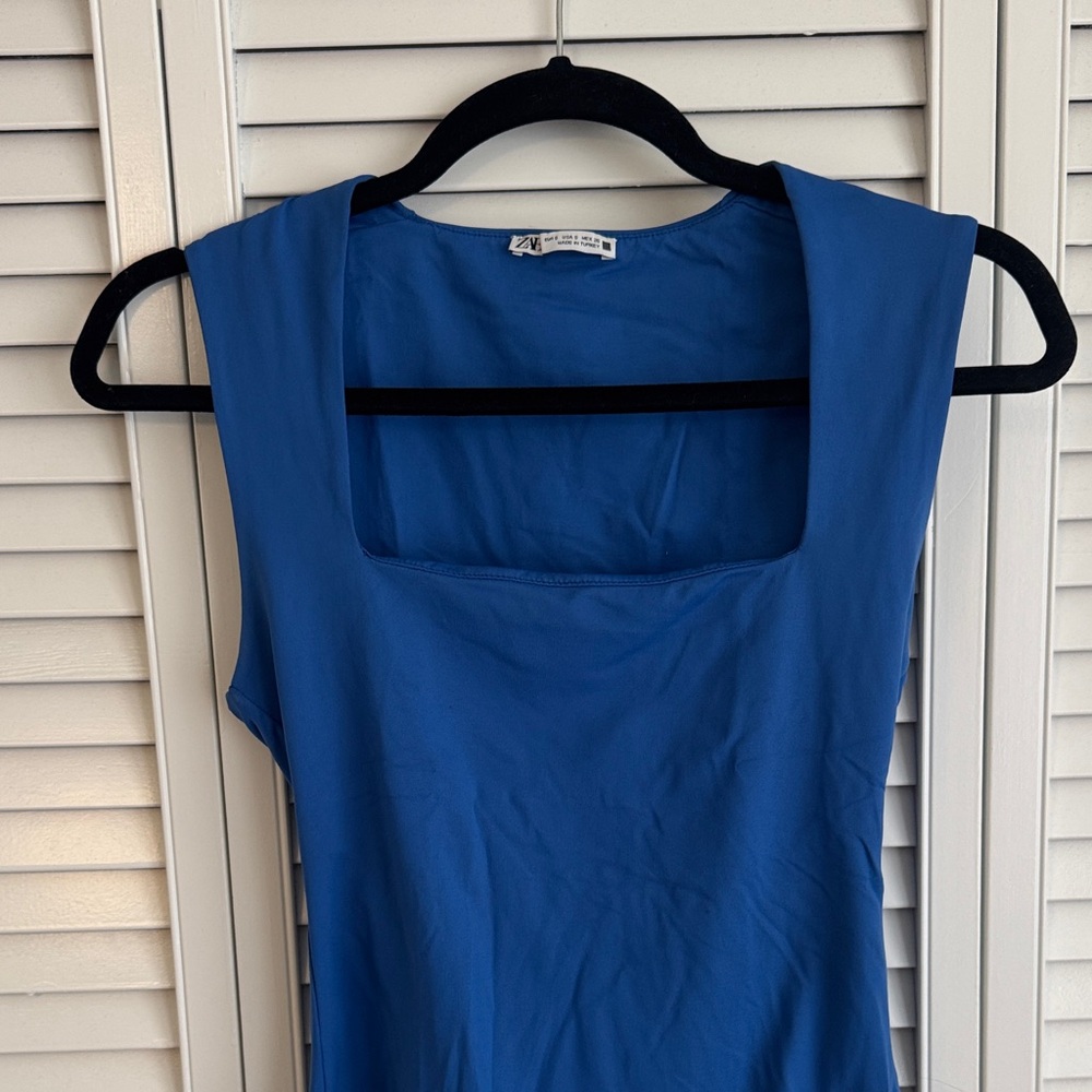 Zara Blue Square-Neck Sleeveless Top